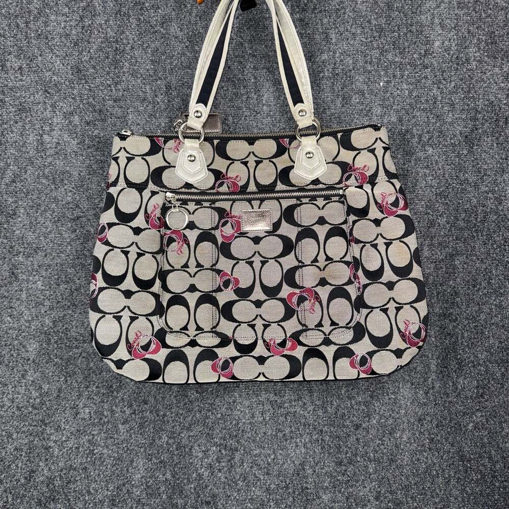 Coach G1120-16711 Signature Tote Shoulder Bag Black White Pink Floral Logo